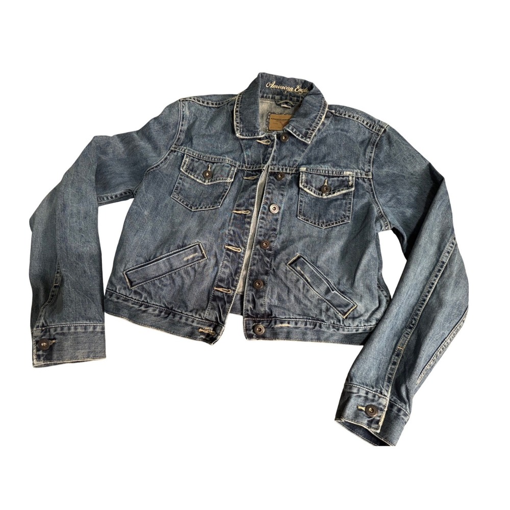 American Eagle Kids Y2K Blue Denim Trucker Jacket Medium Wash Distressed‎ Size L